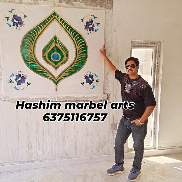 Peacock feather inlay wall panel handcrafted on Vietnam white marble by Makrana artisans