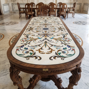 Handcrafted White Indian Marble Inlay Dining Table Top