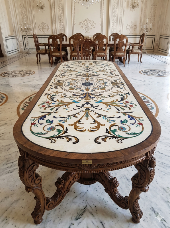 Handcrafted White Indian Marble Inlay Dining Table Top