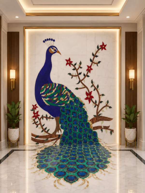 Peacock Marble Inlay Wall Panel in Makrana White Marble | Luxury Handcrafted Wall Art