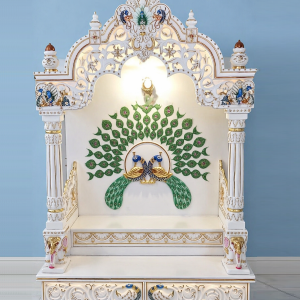 Marble Home Temple with Peacock Feather Inlay Work