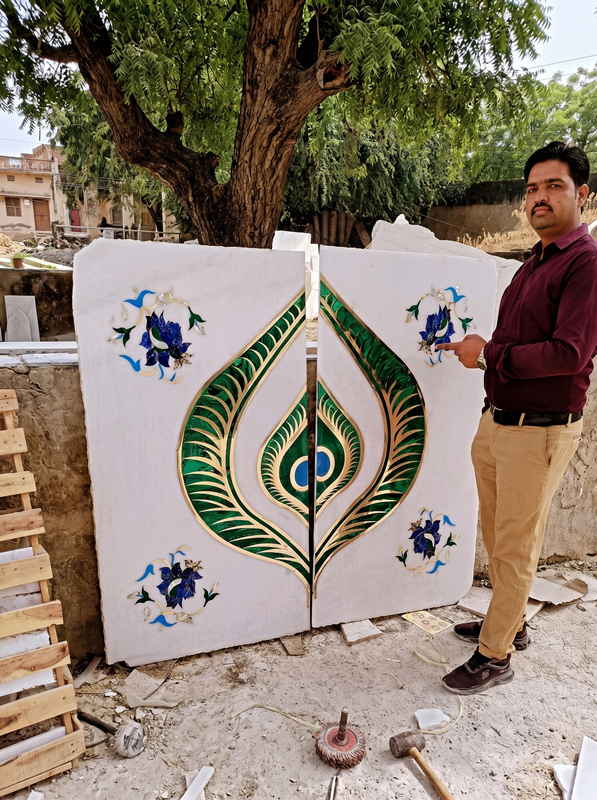 Peepal Petals Inlay Wall Panel in Vietnam White Marble | Makrana Handmade Luxury Wall Art